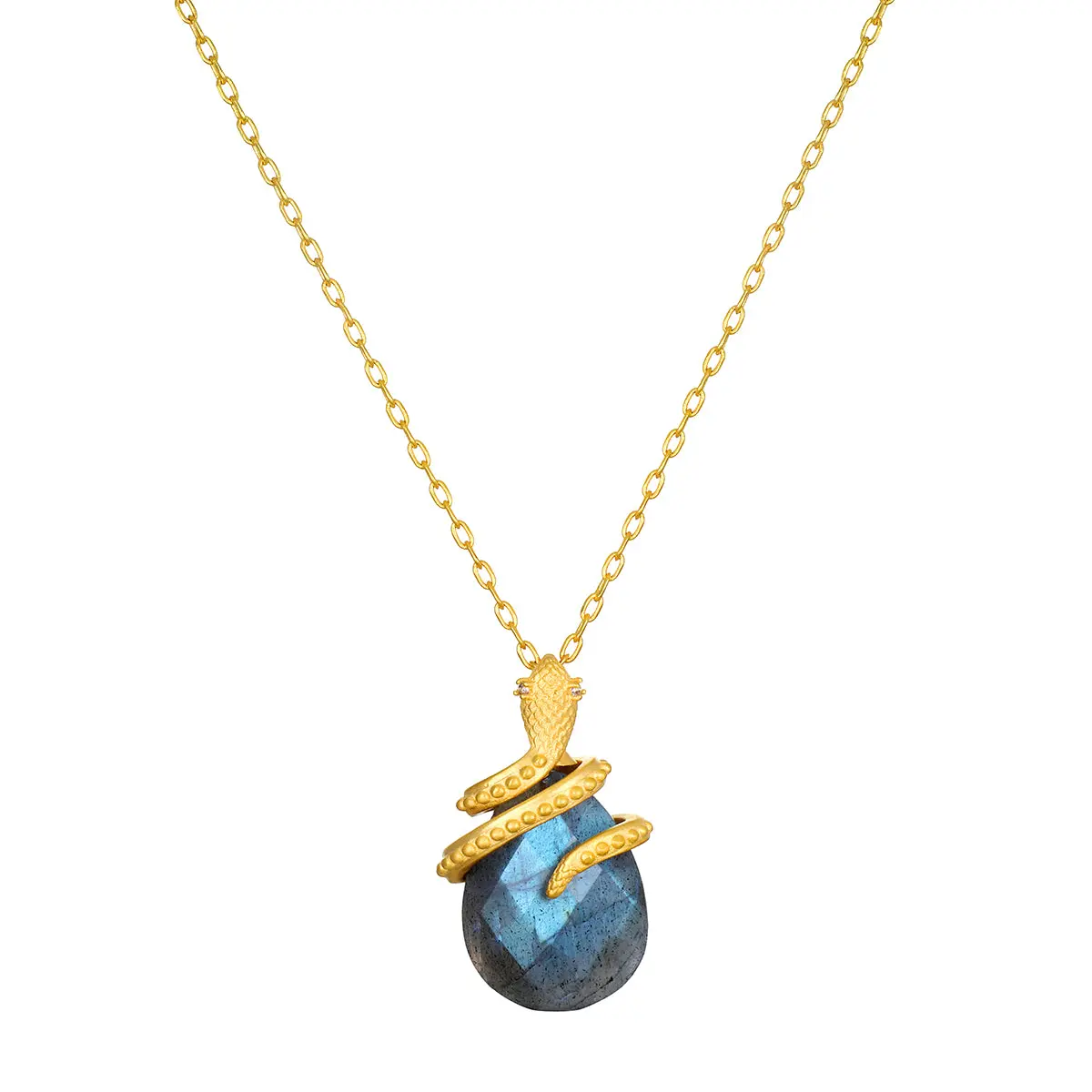 Satya Jewelry Snake Labradorite Stone Necklace for Women, 18kt Gold Plated Pendant with Pear Cut Gemstone and White Topaz, 18-21 Inch Adjustable Chain, Pendant With Necklace, Snake Chain Necklace