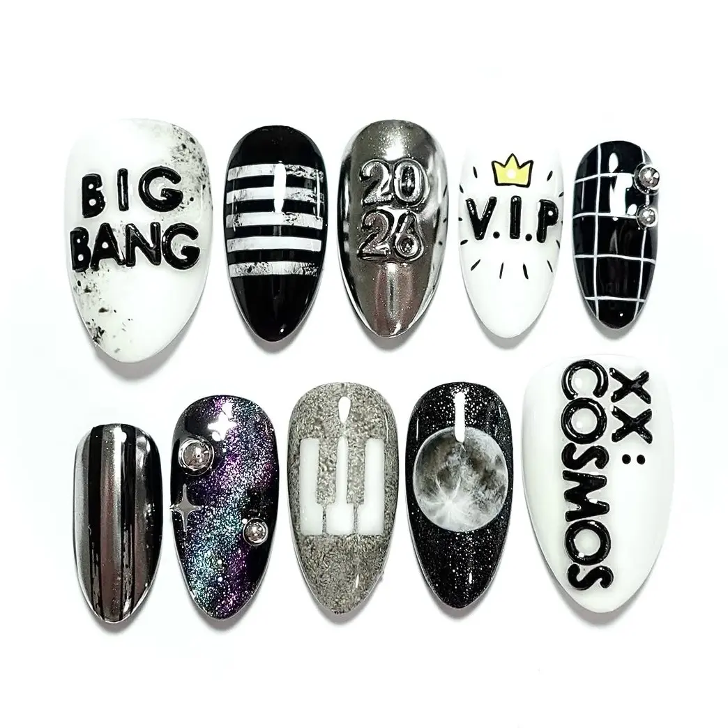 BIGBANG XX Cosmos Press On Nails, Kpop Inspired Chrome Black White Nails, Galaxy Moon Nails, Handmade Fake Nail Set