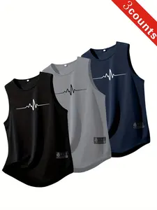 3-Piece Quick-Dry Breathable Sports Tank Tops, Sleeveless Gym Shirts, New Geometric Print, Comfortable Skin-Friendly, Summer Casual Wear, Workout Vest