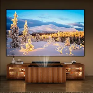 86" Modern Electric TV Stand with UST Projector Cabinet & LED Lights, Low Entertainment Console, Home Theater Ultra-short Throw Projector Furniture, Compatible with 100/110/120/150 Inch Projector Screen Indoor Mid-Century Modern, Walnut Color