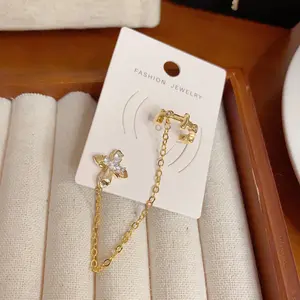 Fashionable retro diamond-encrusted metal cross chain tassel ear cuff DDES0504, unique and stylish design ear cuff for women, 14K gold-plated