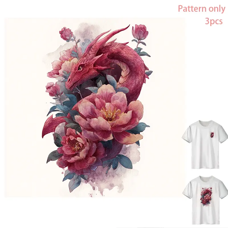 Pink Dragon with Flowers, Heat Transfer Vinyl for T-Shirts, Floral Design, DIY Clothing Iron-On, Apparel Accessories, DTF Heat Transfer, Pattern Only