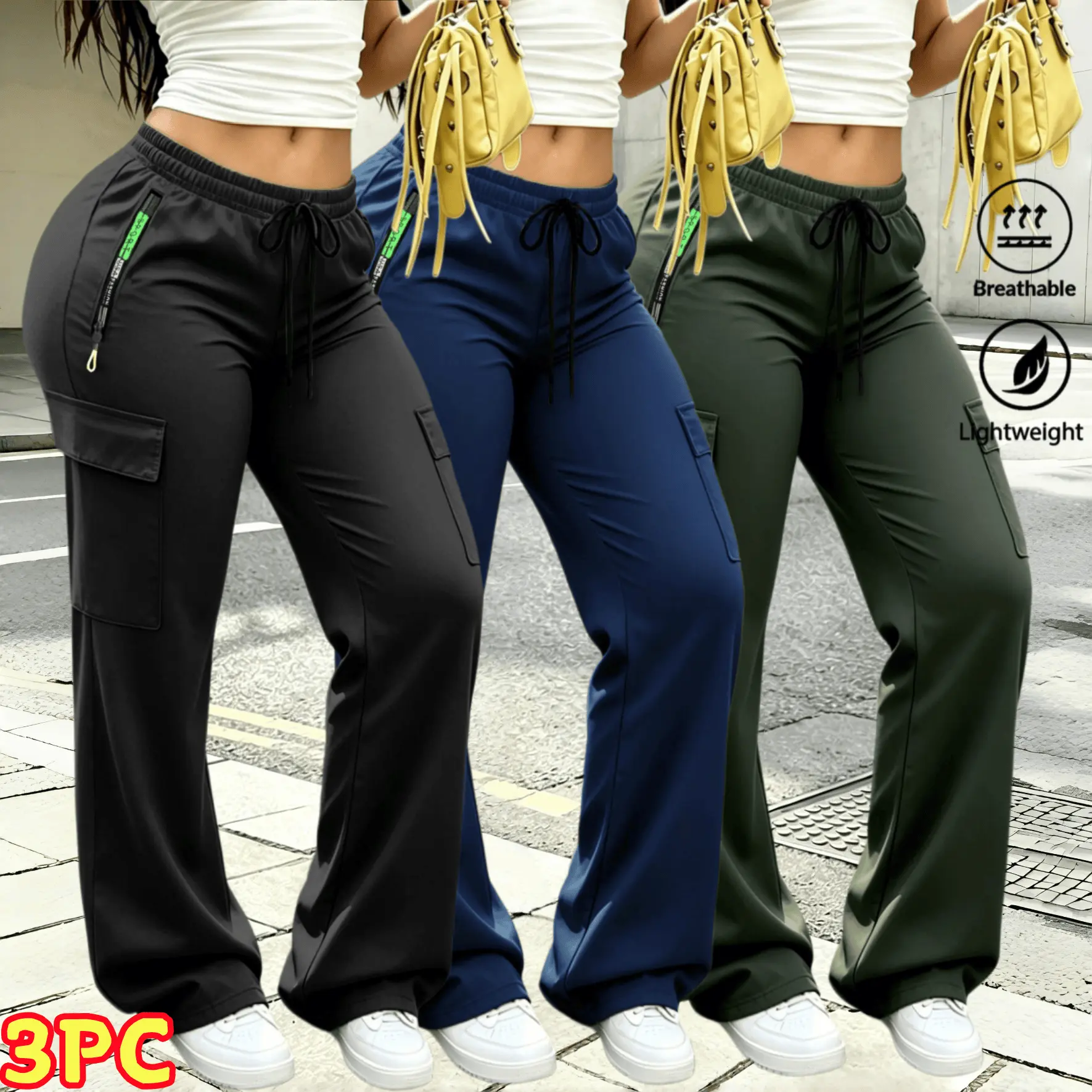 Women’s 3-Pack Cargo Pants, Drawstring Casual Wide Leg Pants with Zipper Pockets, Lightweight Hiking Workout Trousers for Women，Women's Zipper Pocket Cargo Pants, Women's Lightweight Hiking Pants, Women's 3 Pack Workout Pants,