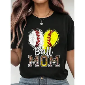 Womens Softball Heart Ball Mom Graphic Short Sleeve Tee Casual Crewneck Cotton Shirt for Game Day Practice Team Mom Gifts Summer Outfit