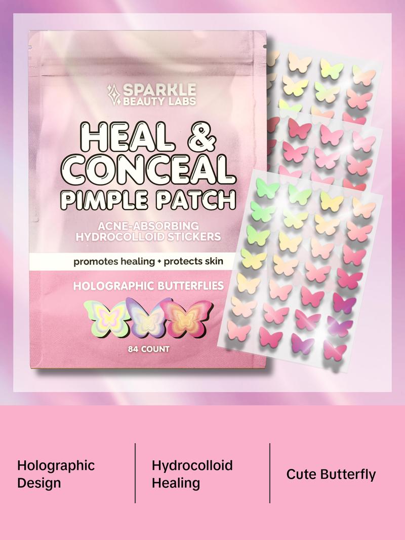 Heal & Conceal Pimple Patch - Cute Holographic Butterfly Shaped Acne Patches, Fun Hydrocolloid Zit Stickers for Face (Iridescent Pink Butterflies, 84 Count) by Sparkle Beauty Labs Heal & Conceal Pimple Patch - Cute Holographic Butterfly Shaped Acne Patches, Fun Hydrocolloid Zit Stickers for Face (Iridescent Pink Butterflies, 84 Count) by Sparkle Beauty Labs