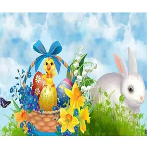 1PC  Diamond Painting Easter Themed Diamond Painting Kit Cute Chick in Egg Basket with White Rabbit and Spring Flowers DIY Full Drill Art for Home Wall Decor