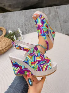Women's Boho Style Rainbow Color Textile Material Sandals, Thick Sole Wedge Heel Design, All-Over Printed Fabric Shoes, Comfortable Daily Wear