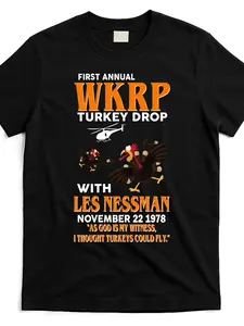 First Annual WKRP-Inspired Turkey Drop T-Shirt - Black Retro TV Show Design with Les Nessman & Iconic Helicopter Print, Casual Short Sleeve Crew Neck Tee for Fans, Themed Parties & Casual Attire, PLUS SIZE