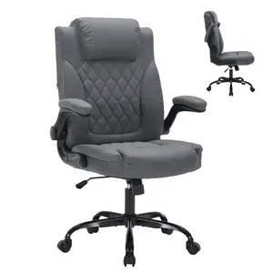 [FLASH SALE] Garvee PU Leather Executive Office Desk Chair, 350lbs Capacity Computer Desk Chair with Padded Flip-Up Arms, Tilt Lock & 360° Swivel Free Wheels, Ergonomic Office Chair for Heavy People, Gray