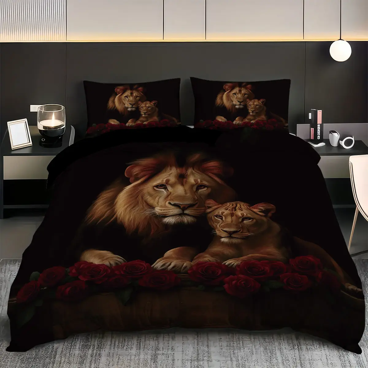 3pcs Lions pattern printed bedding set, 1 duvet cover+2 pillowcases, polyester fiber comfy bedding set, king size bed, couple bed or single bed, suitable for couples and adult bedrooms