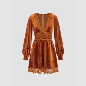 Cider [2 colors, size 0-10] Velvet V-neck Lace Mini Dress