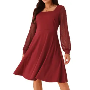 Seta T Women's Long Sleeve Swiss Dots Square Neck Knee Length Elegant Dress Large Wine Red