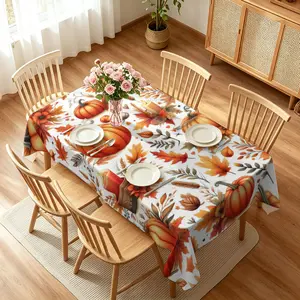 Autumn Pumpkin & Maple Leaf Print Tablecloth, Thanksgiving Harvest Style, Waterproof & Wipeable Rectangular Table Cover, Fall Themed Decor for Kitchen, Dining Room & Holiday Parties