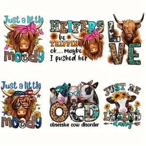 6 Pack Large Size Cow Print Heifers Heat Transfer Vinyl HTV Stickers Vibrant Iron on Decals for DIY Craft Handcraft T Shirt Mask Jeans Backpack Durable Easy to Apply Trendy Design