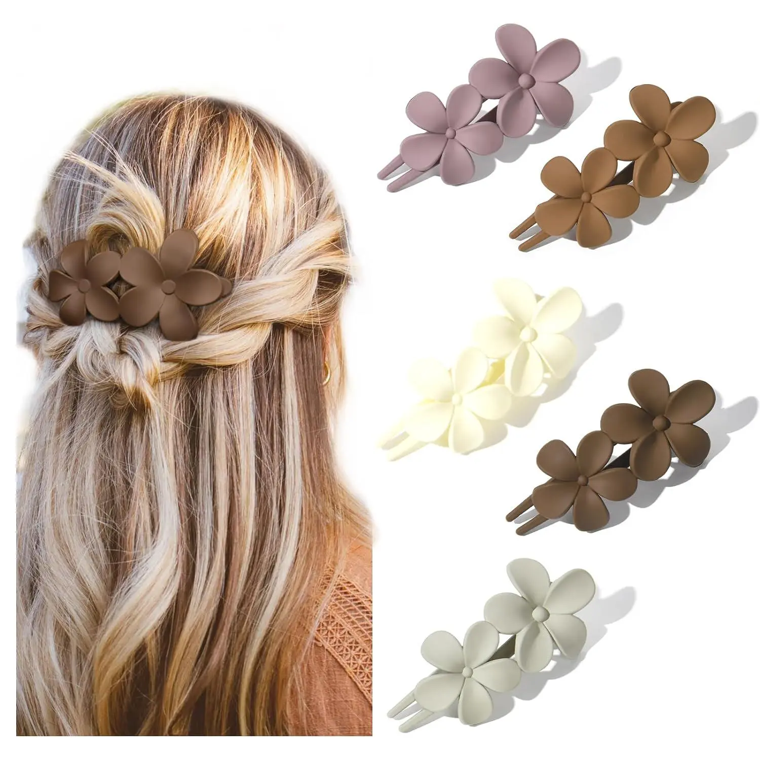 5PCS Flower Flat Hair Clips for Women - French Flat Hair Claw Matte Hair Clips Flat Claw Clips for Thick Hair Non-Slip Cute Duck Billed for Girls
