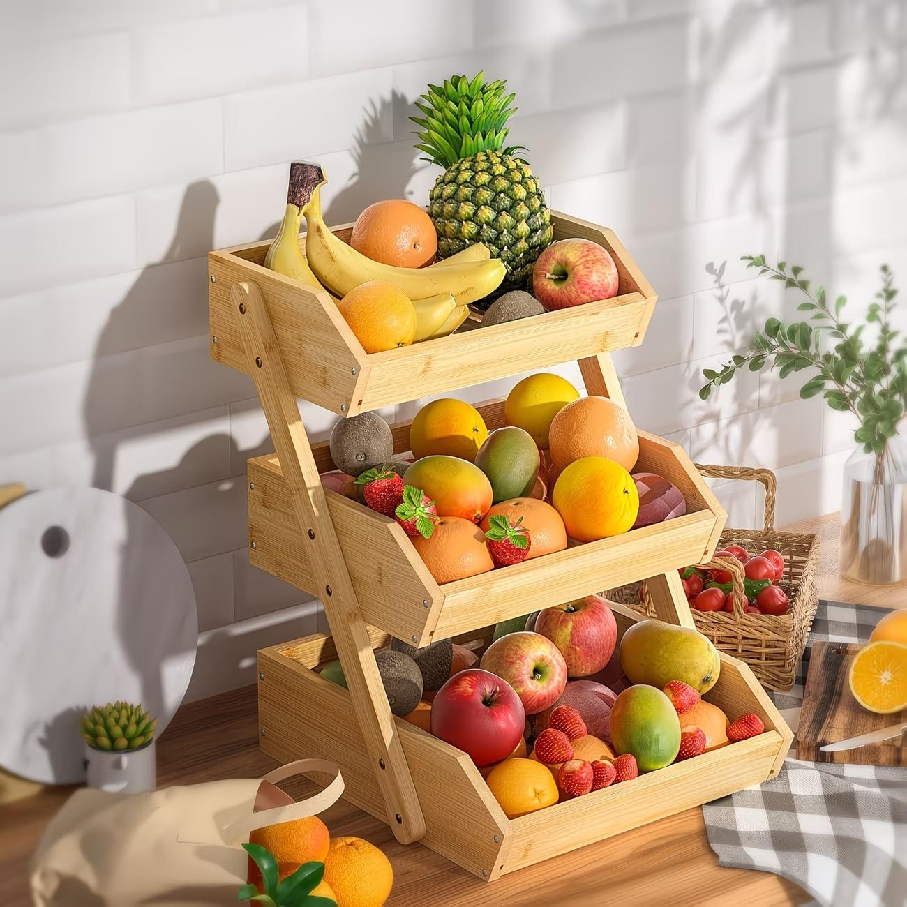 3/2 Tier Wooden Fruit Basket Stand – Large Capacity Countertop Organizer for Fruits, Vegetables & Bread