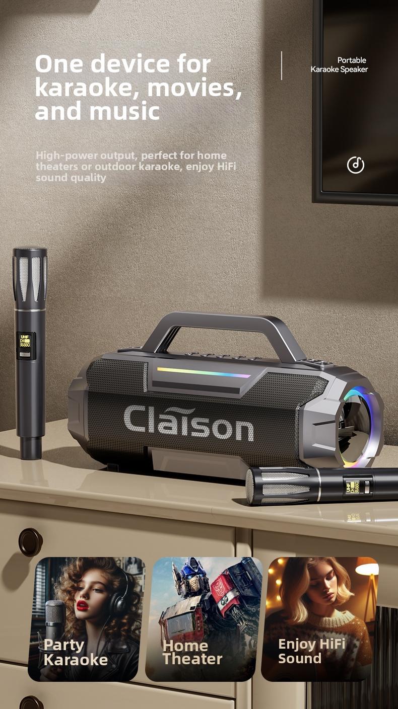 Claison T9 PLUS Outdoor karaoke live streaming speaker, RGB colorful atmosphere lights, dual microphones for high-definition audio, portable power bank, multi-interface compatibility, suitable for live streaming, outdoor use, karaoke.