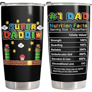 20oz Super Daddio Tumbler with Lid, Funny Retro Dad Nutrition Facts Insulated Stainless Steel Coffee Travel Mug, Father’s Day Gift for Dad