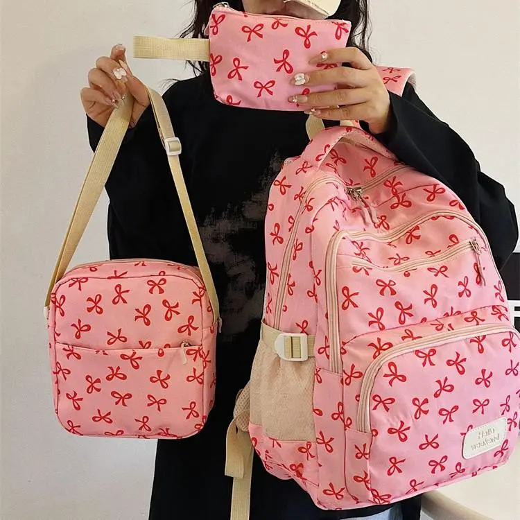 Pink Red Bow Pattern 3 in 1 Women Backpack Set, Sweet Preppy Style School Backpack with Shoulder Bag and Makeup Bag for University Students