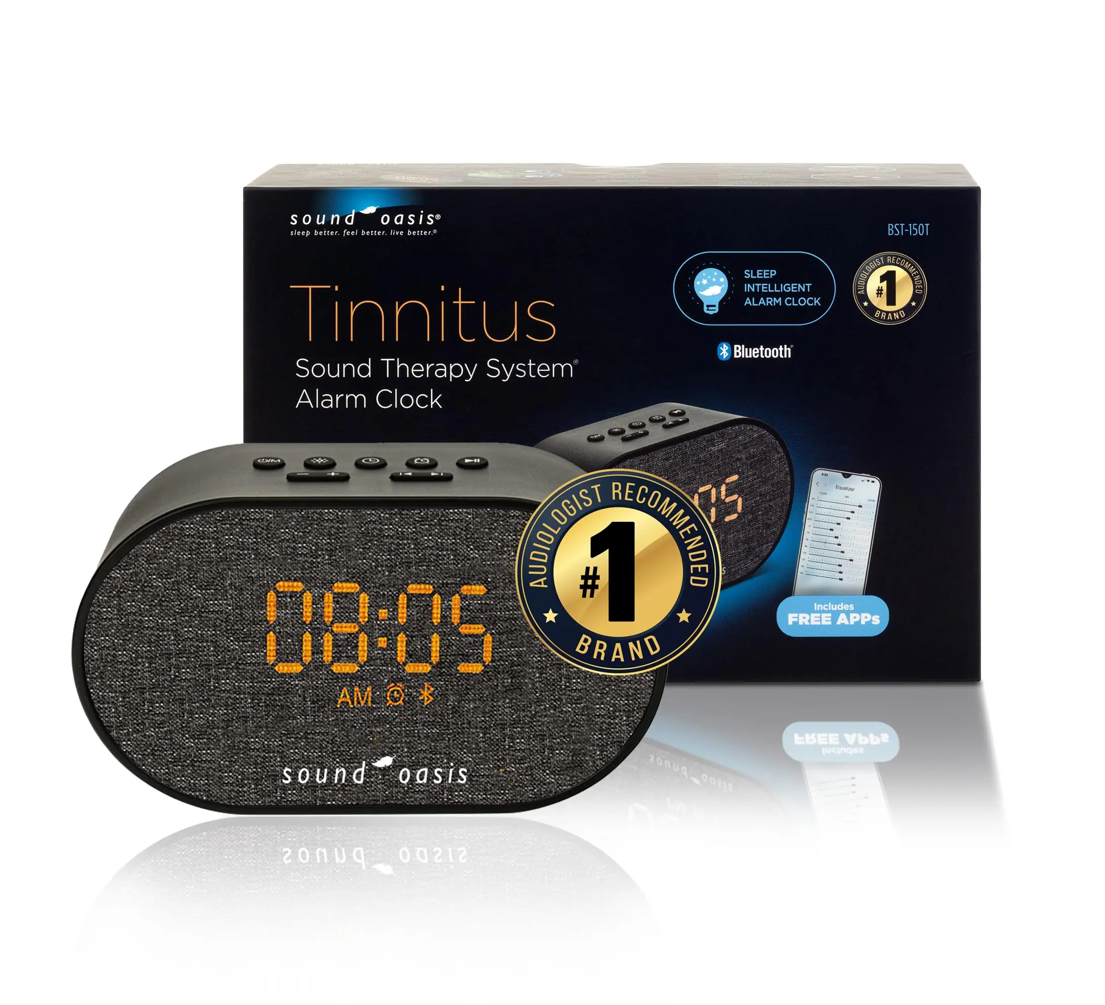 Sound Oasis Bluetooth Tinnitus Sound Therapy System Alarm Clock - Sleep Better, Manage and Mask Tinnitus, 30 Built-in Sounds for Tinnitus Relief, Sleep-Friendly Lighting, Travel Friendly (BST-150T)