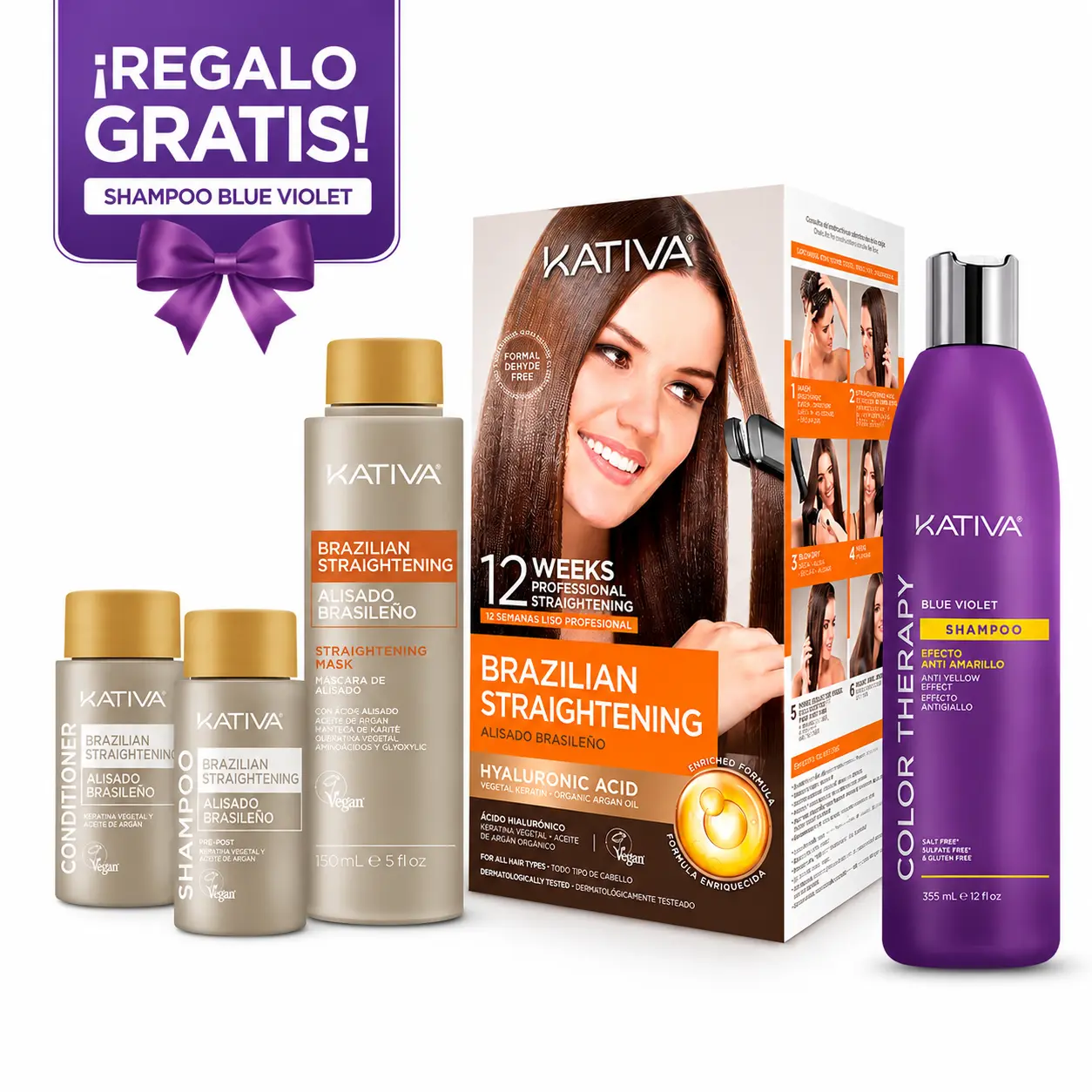Kativa Professional Organic Keratin Brazilian Straightening Kit with Argan Oil, Hyaluronic Acid + Free Violet Haircare Shampoo for Adults (Any Multi-Pack Option)