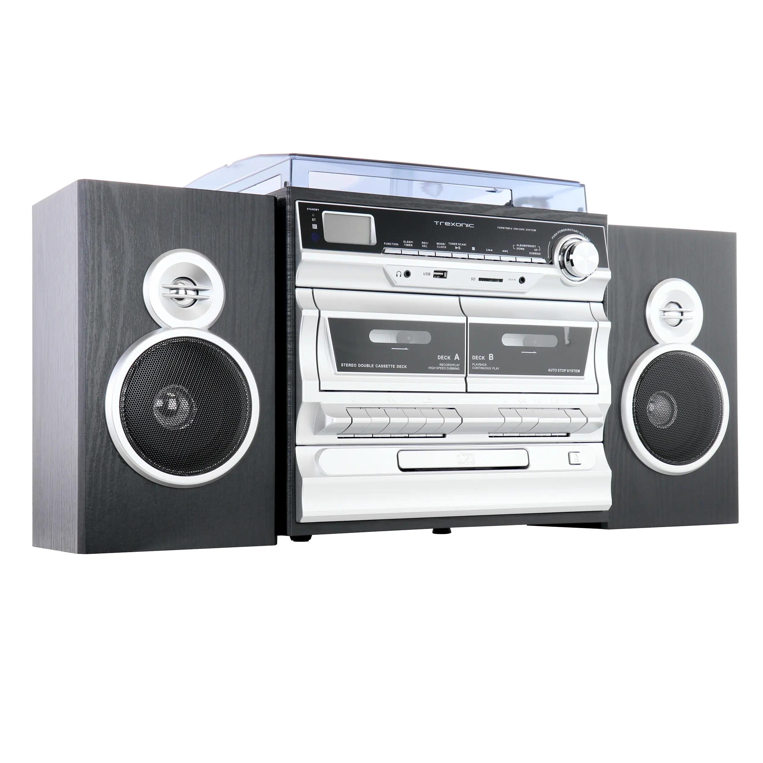 Trexonic 3-Speed Vinyl Turntable Home Stereo System with CD Player Double Cassette Player Bluetooth FM Radio USB SD Recording & Wired Shelf Speakers