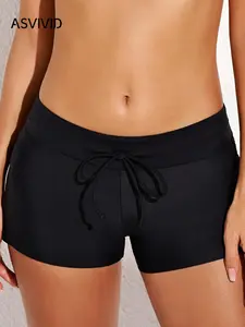 Women's Drawstring Waist Swim Trunks, Casual Comfy Breathable Swim Shorts for Beach Swimming, Ladies Swimwear Bottoms for All Seasons, Solid Swim Shorts