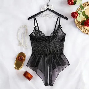 A lace-trimmed mesh bodysuit with a deep V-neck and an asymmetrical hem—the perfect surprise for a date.