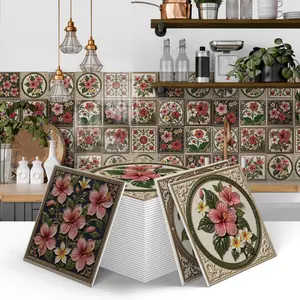 Retro Floral Tile Stickers, 12/24pcs Waterproof & Easy-To-Clean, Detachable Design, Ideal for DIY Kitchen Cabinet Decorations