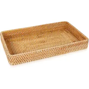 Wicker Storage Basket Rattan Tray Rectangular Wicker Basket Decorative Serving Tray Fruit Baskets Food Serving Holders Woven Baskets for Storage Home Kitchen Restaurant Decor (14.6 x 9 x 2 inches)