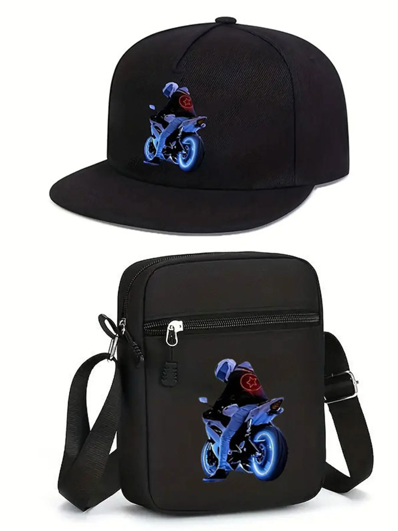 Cool Motorcycle Print Unisex Flat Brim Hip Hop Baseball Cap and Crossbody Bag, Street Fashion Outdoor Sports Hat and Shoulder Bag, Crossbody Bag Set