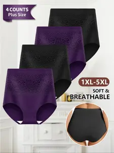 【Plus Size】 Floral Lace High Waist Panty, Soft Comfy Breathable Knicker for Daily Wear, Women's Underwear for All Seasons