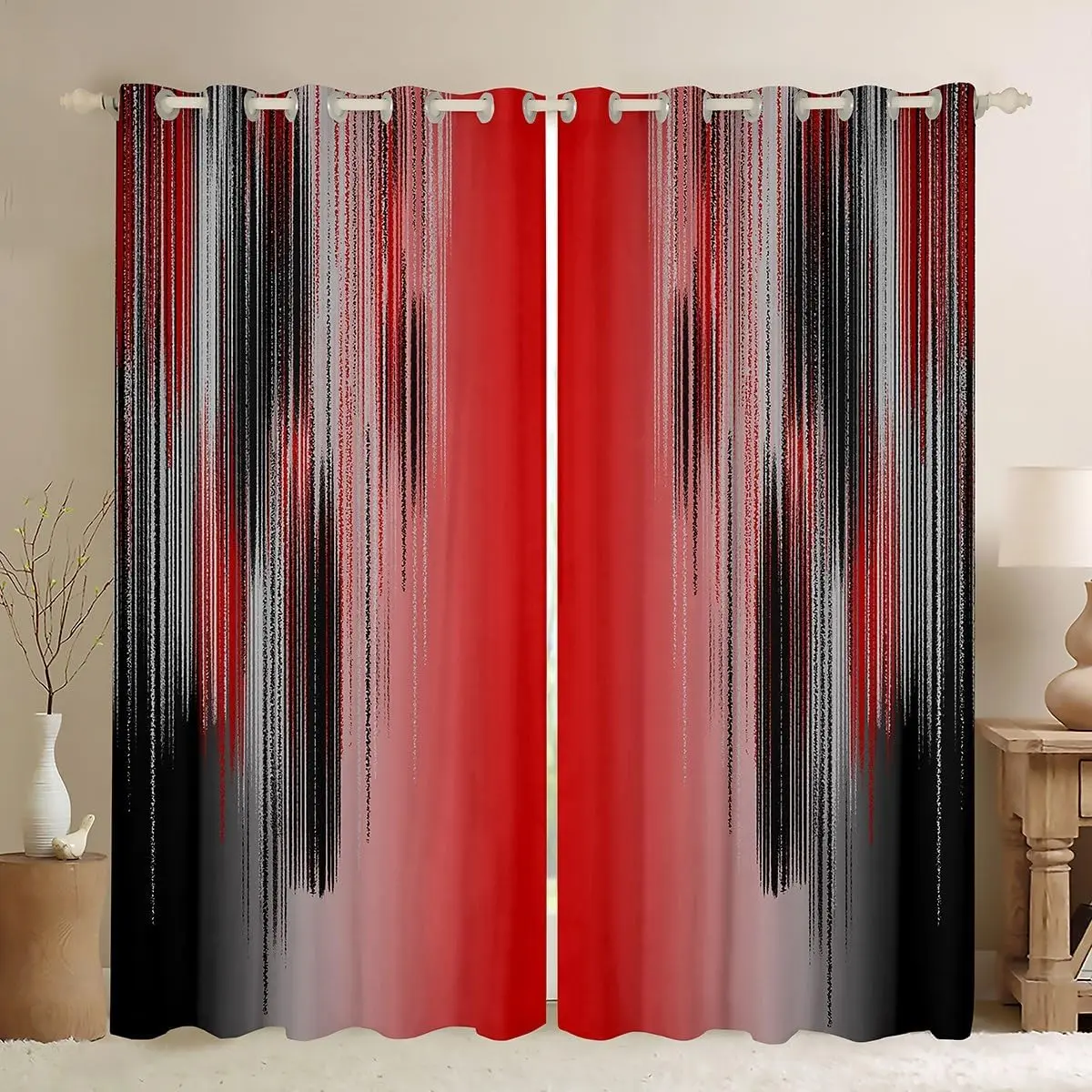 Ombre Red Velvet Fabric Grommet Curtains - 30%-50% Blackout Textured Drapes with Abstract Rust Art Design, Colored Home Decorative Window Treatments for Bedroom Interior Accessories