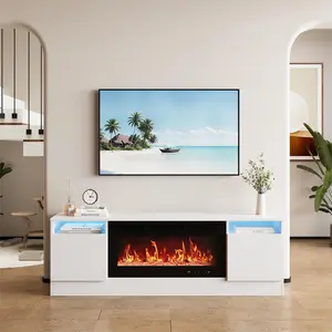 【GARVEE】Modern 70" White Wooden Entertainment Center and TV Stand for TVs up to 75", Featuring Storage Cabinets and Designed to Fit a 36" Electric Fireplace (Fireplace Not Included)