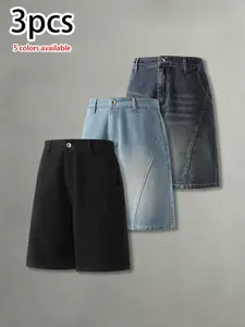 Pack of 3: men’s summer retro washed distressed denim shorts—deconstructed patchwork design, trendy casual, versatile loose athletic men’s denim shorts.summervibes