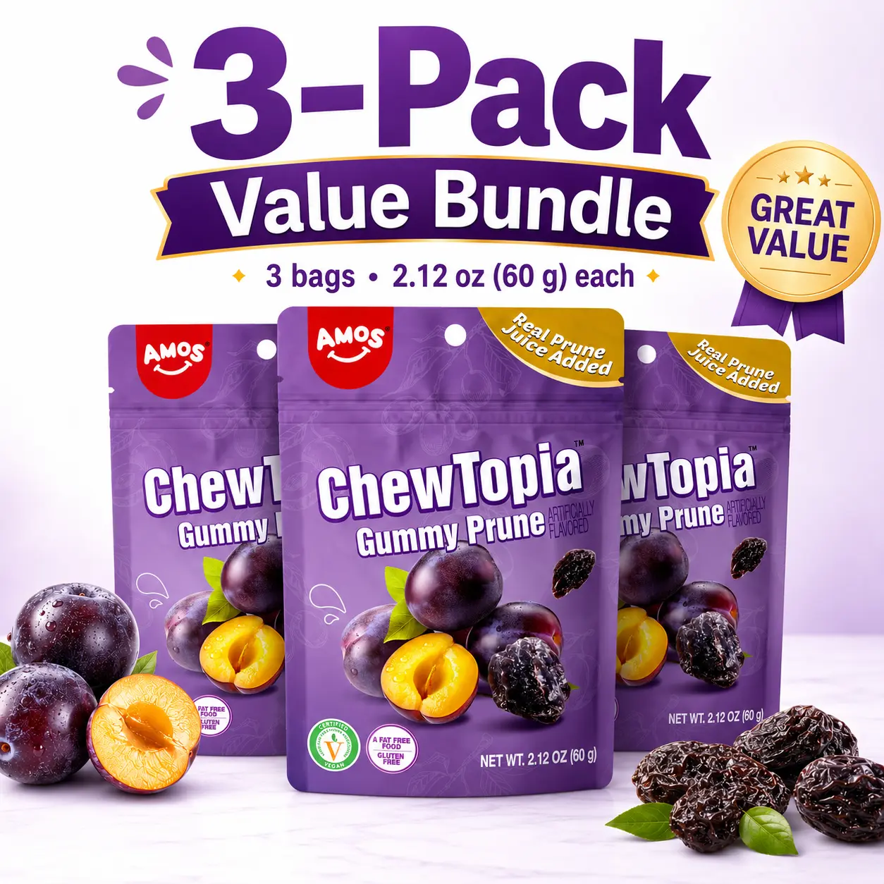 AMOS ChewTopia Gummy Prune 3-Pack Value Bundle, Real Prune Juice Added, Vegan, Fat Free & Gluten Free, 2.12 oz Each AMOS ChewTopia Gummy Prune 3-Pack Value Bundle, Real Prune Juice Added, Vegan, Fat Free & Gluten Free, 2.12 oz Each