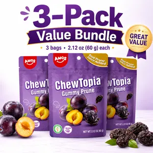 AMOS ChewTopia Gummy Prune 3-Pack Value Bundle, Real Prune Juice Added, Vegan, Fat Free & Gluten Free, 2.12 oz Each