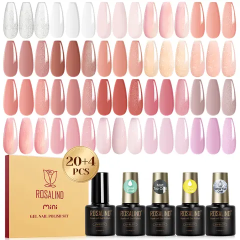 ROSALIND 24Pcs Cosmetic Mini Soak Off Gel Nail Polish Set - 20Pcs Blush Pink Series Bottles, 4Pcs Base Coat & Gloss-Matte Top Coat, Alcohol-Free LED Light Cure Nail Art Accessories, Long Shelf Life Kit for Adults' Home Manicure
