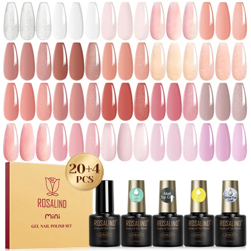 ROSALIND 24Pcs Cosmetic Mini Soak Off Gel Nail Polish Set - 20Pcs Blush Pink Series Bottles, 4Pcs Base Coat & Gloss-Matte Top Coat, Alcohol-Free LED Light Cure Nail Art Accessories, Long Shelf Life Kit for Adults' Home Manicure