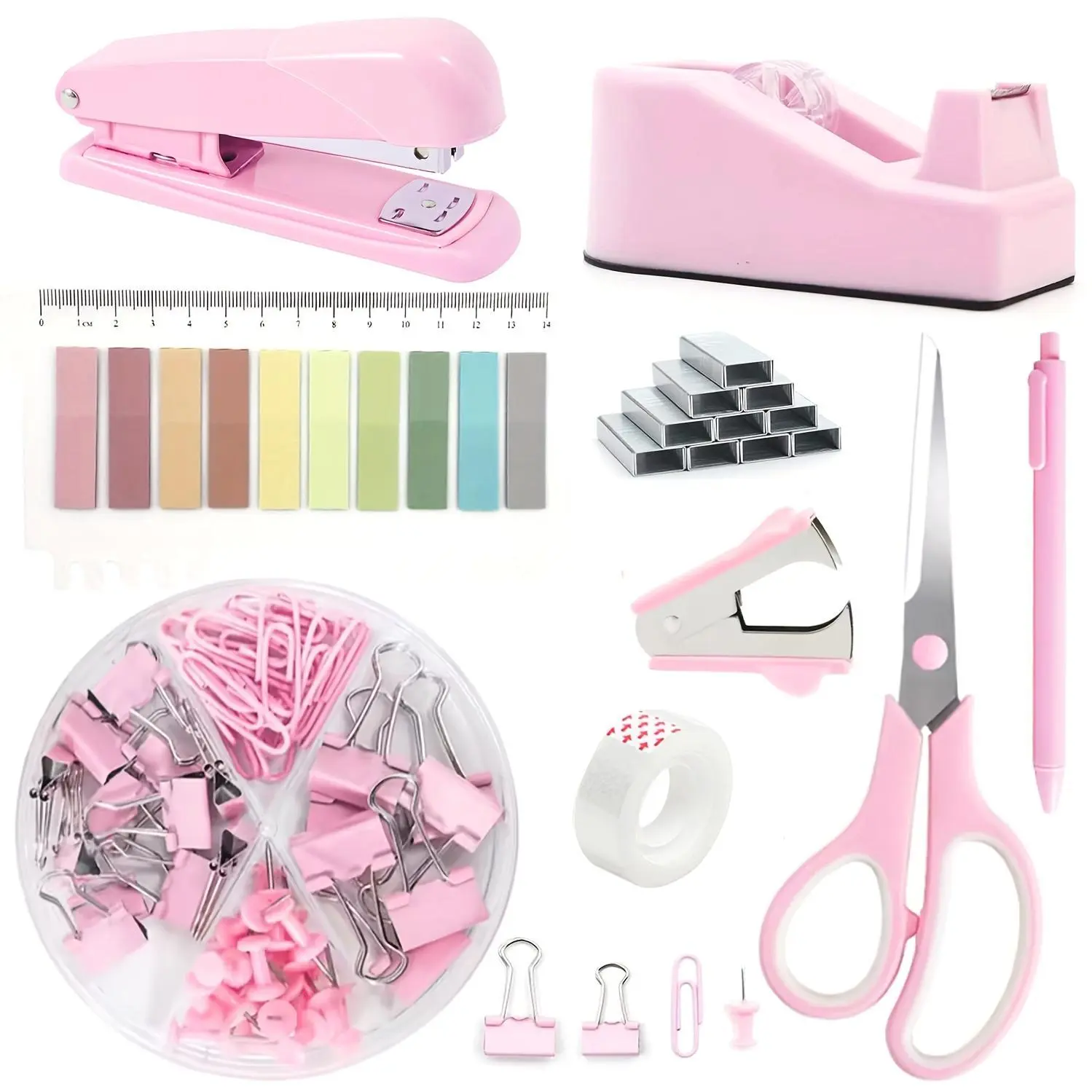 10pcs Macron Stationery Set, School Supplies, Desk Accessories, Pink Office Supplies, Stapler, Tape Dispenser, Scissors, Clips, and 1000 Staples, Pens, Erasers