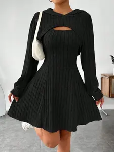 Plus Size Women's Spring & Fall Solid Hooded Long Sleeve Pullover and Cami Dress Set, Casual Slim Fit Tunic with Vest for Everyday Wear Outfit, Casual Chic Dress