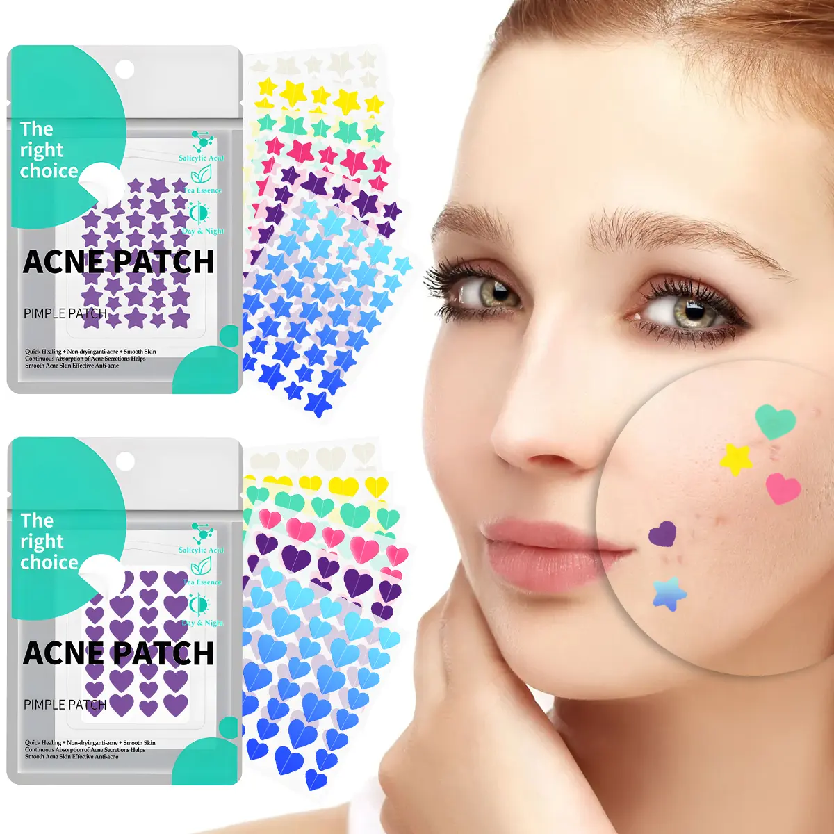 Star acne patch.hydrocolloid Acne patch, Tea Tree Oil,Witch Hazel Extract & Centella Asiatica Extract, 2 sizes Star Patch (240pcs) and Love Patch (216pcs) Skin Repair Pimple Reduction Salicylic Acid