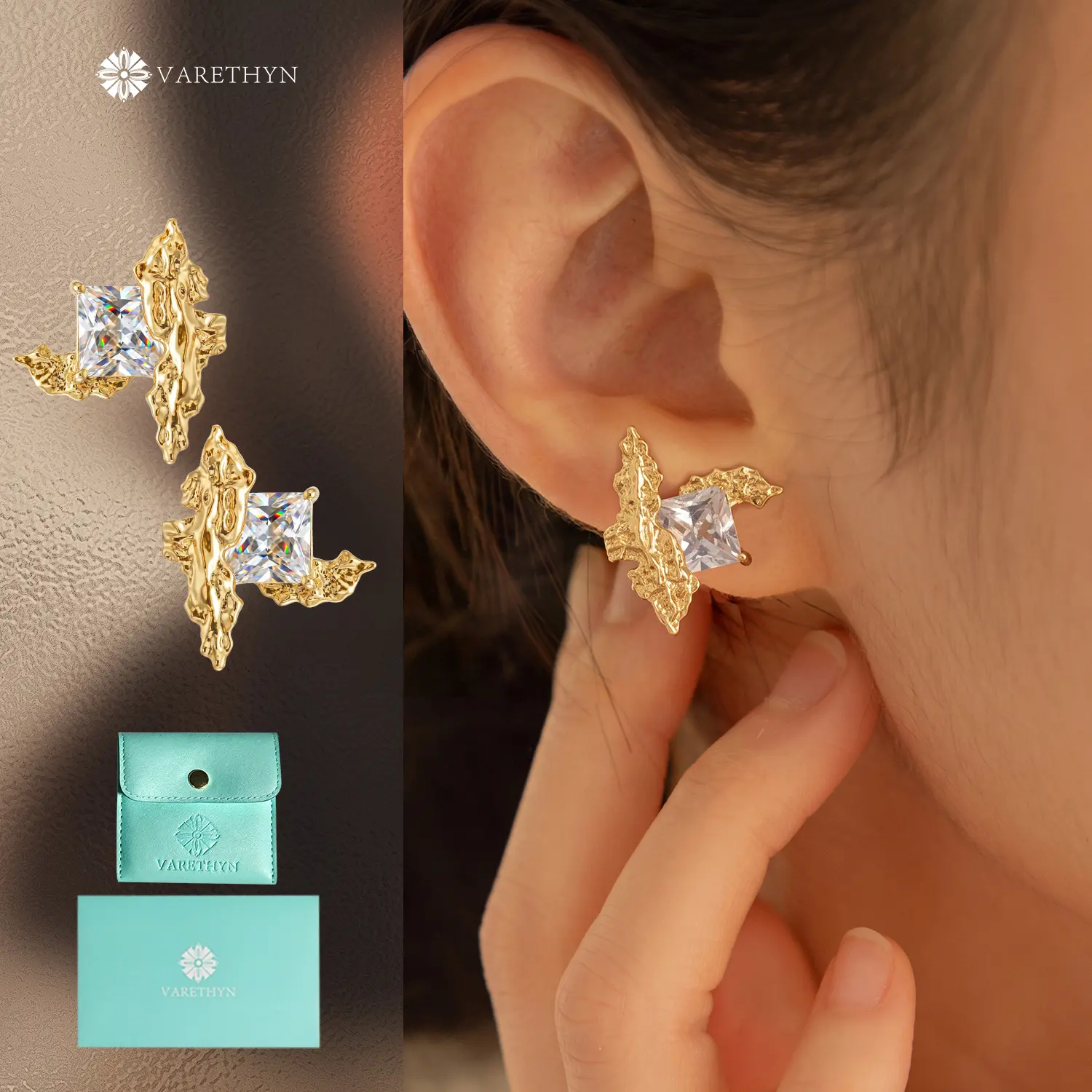 Ocean Inspired Rectangle Zircon Earrings | 14K Gold Plated Seaweed Drop Jewelry for Her