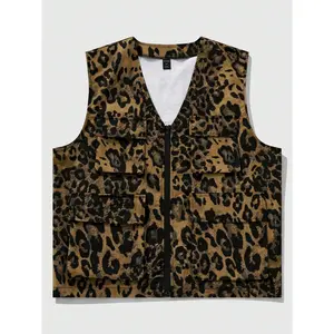 Leopard Print Cargo Vest Coat Vintage Cheetah Travel Hiking Safari Vest Streetwear with Flap Pockets