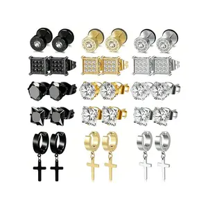 15 Pairs Stainless Steel Earrings For Men Inlaid Stud Cross Dangle Hinged CZ Earrings Stud Hypoallergenic Earrings Huggie Earrings Set For Women Men Ear Piercing Jewelry Set Black Steel Golden