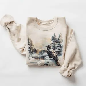 Retro Raven Snowy Forest Scene Sweatshirt - Nineties 90s Vintage Birds Winter Nature Cotton Pullover