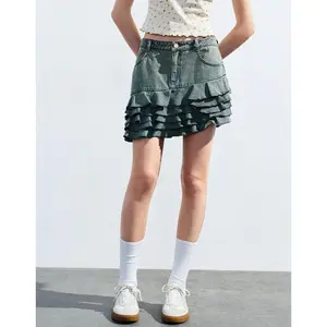 URBAN REVIVO 2026 Spring Women's Washed Denim Ruffle Trim Fishtail Mini Skirt - Cotton-Polyester Blend, Hip-Flattering Fit, Pocketed, Multi-Size, Animal-Theme Coordinating Bag-Ready Casual Bottom, UWL840142, Ruffle Trim Skirt