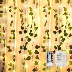 33ft Vine with Fairy Lights with 100 LED 8 Mode Remote, Artificial Green Pothos Leaf String Lights,  Operated  Vines for Bedroom Home, Garden, Party, Weddings, and Walls