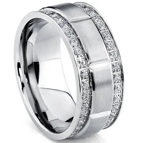 Men's 9MM Comfort Fit Genuine Titanium Wedding Band - Double Row Cubic Zirconia, Flat Top Eternity Jewelry Ring, Crafted from Genuine Titanium, Beveled Edges, Beautiful Rings for Everyday Wear
