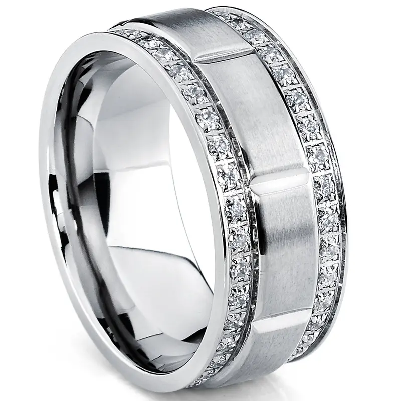 Men's 9MM Comfort Fit Genuine Titanium Wedding Band - Double Row Cubic Zirconia, Flat Top Eternity Jewelry Ring, Crafted from Genuine Titanium, Beveled Edges, Beautiful Rings for Everyday Wear